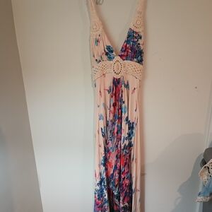 Sky Brand Maxi Dress XS Pink Floral Crochet Lace Halter Boho Festival High Low